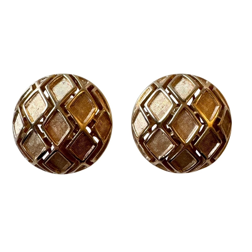 Vintage 1960s Crown Trifari Gold Tone Lattice Design‎ Clip On Earrings Round
